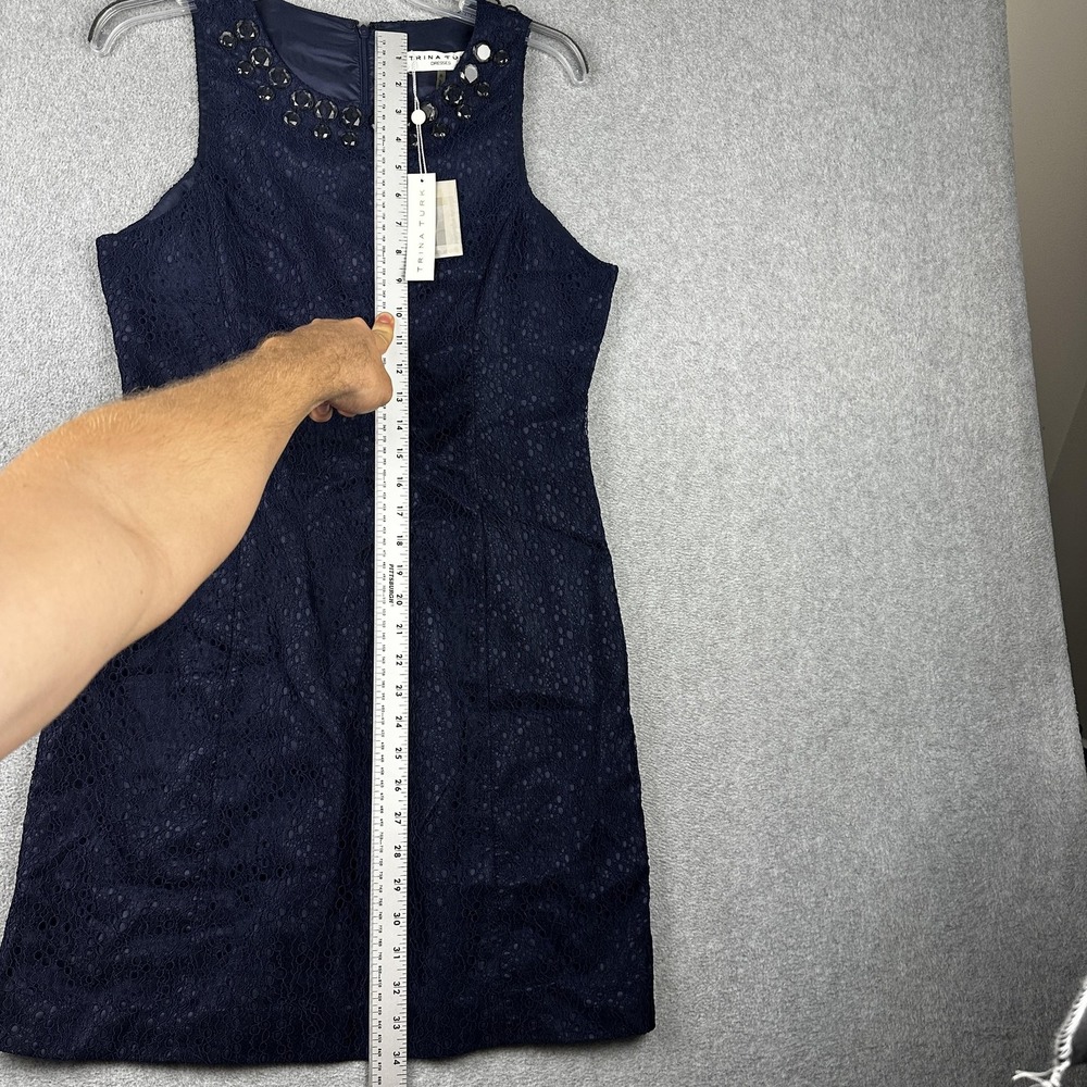 Trina Turk Dress Womens 8 Navy Blue Sleeveless Beaded Neck Lace Cocktail Party - Picture 5 of 11
